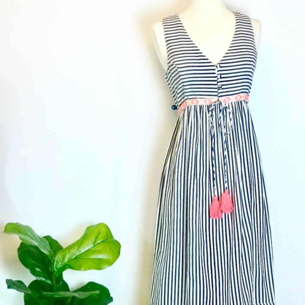 NWT Blue Seersucker Midi Dress W/ Hot Pink Tassels